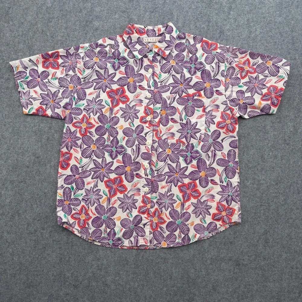 VENEZIA Men's Casual Button-Up Shirt White Purple Floral Size 14/16 Cotton Blend
